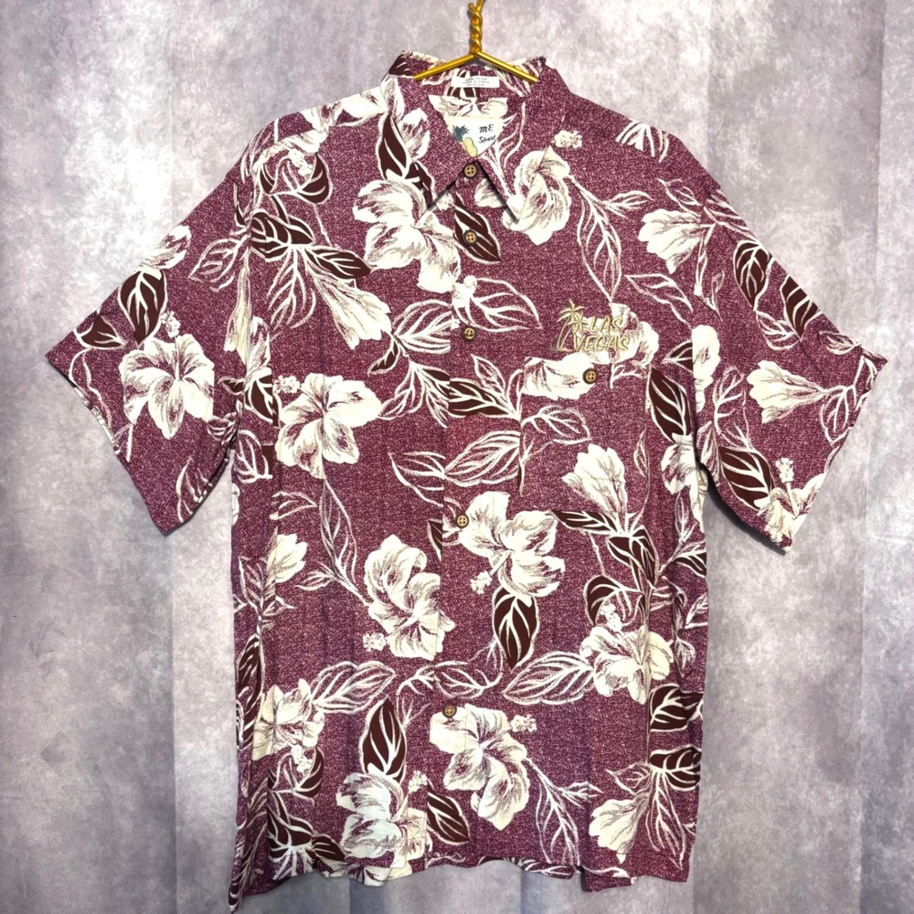 M.E. Sport Las Vegas Logo Shirt Mens Large Burgundy Tropical Hibiscus Hawaiian